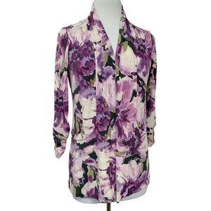 Chico's Easywear Bold Floral Open Front Jacket Sz 0 (XS-S) Ruched 3/4 Sleeves